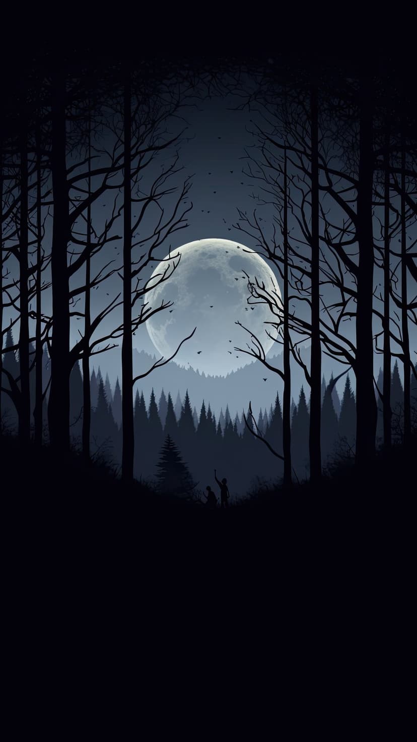 Two tiny figures stand before a giant glowing moon and skeletal trees in a dark, misty midnight landscape.