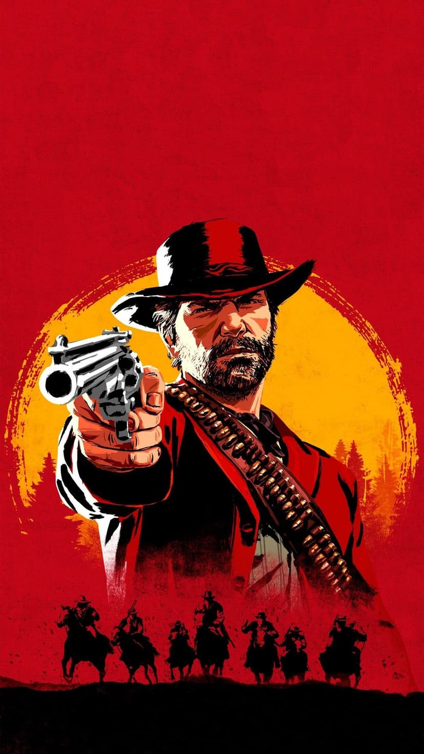 Cowboy Arthur Morgan aims a revolver forward against a red background with a large yellow sun and riders.