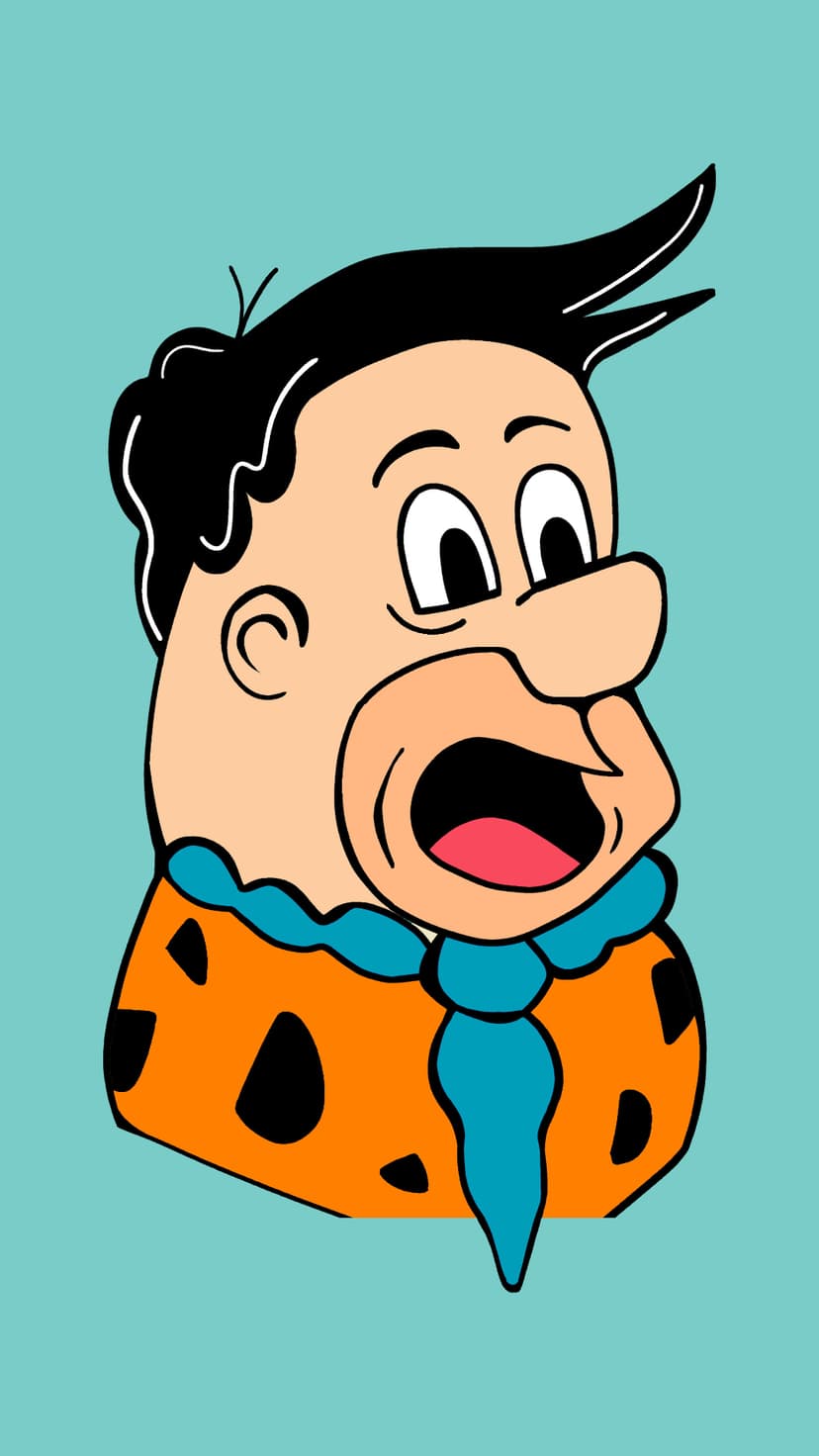 Fred Flintstone with wide eyes and open mouth wearing a spotted orange tunic against a solid teal background.