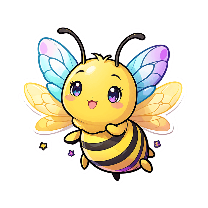 Yellow bumblebee sticker illustration with black stripes, iridescent translucent wings, and small floating flowers.