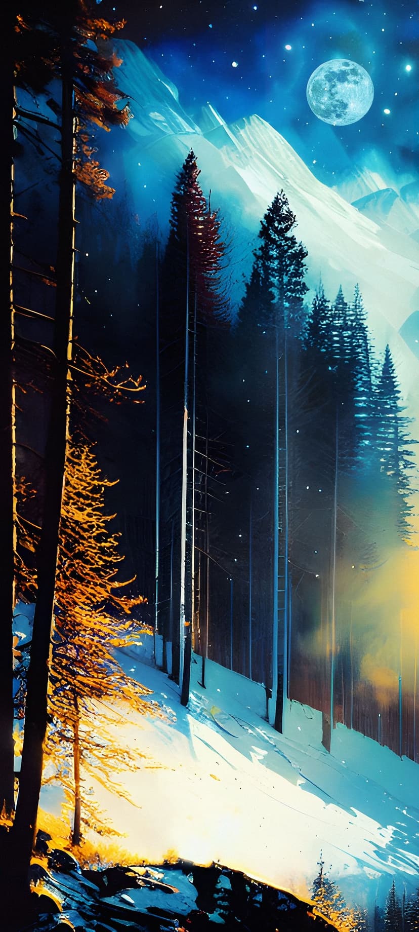 Full moon shines over snow-covered pine trees and blue mountains under a starry night sky with golden light.