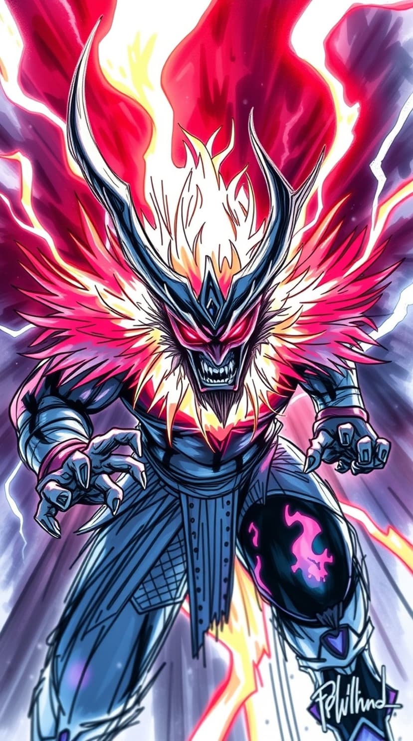Demonic warrior with curved horns and glowing red eyes stands amidst a swirling vortex of orange fire and lightning.