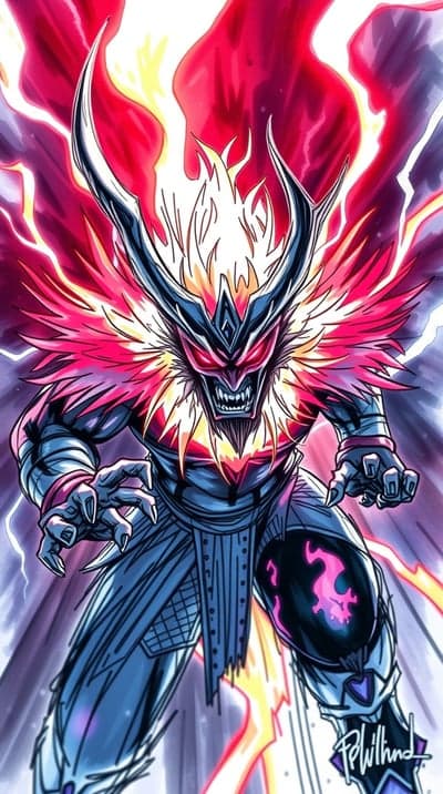 Demon Warrior with Fiery Aura and Glowing Eyes