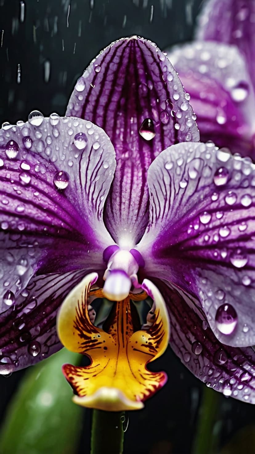 Violet orchid petals holding clear water droplets with a yellow center visible in a detailed macro photograph.