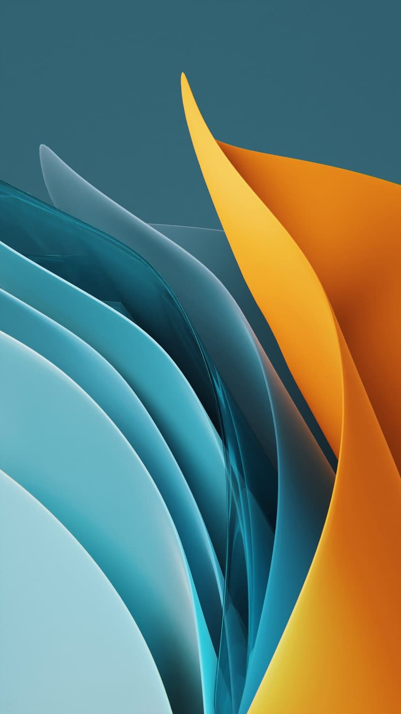 Overlapping curved orange and blue ribbons create a sense of depth against a dark teal background.