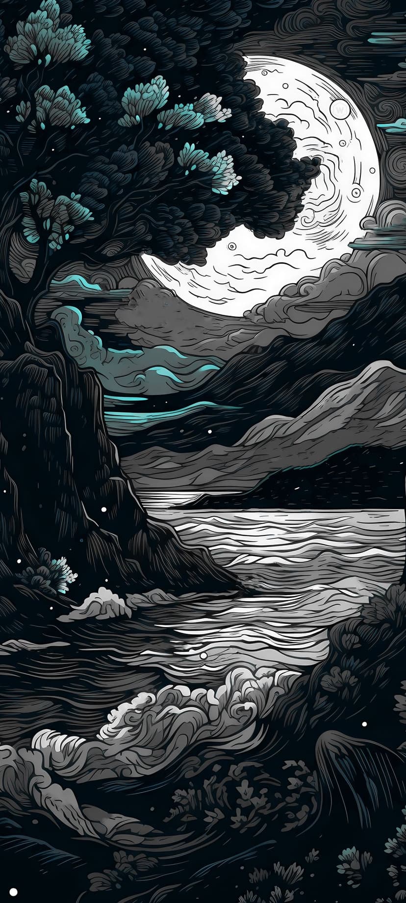 Luminous full moon shines over dark jagged cliffs and turquoise clouds above a shimmering body of water.