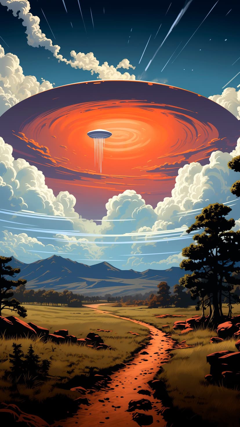 Metallic flying saucer beams light onto a winding path among hills under a dramatic burning orange sky.