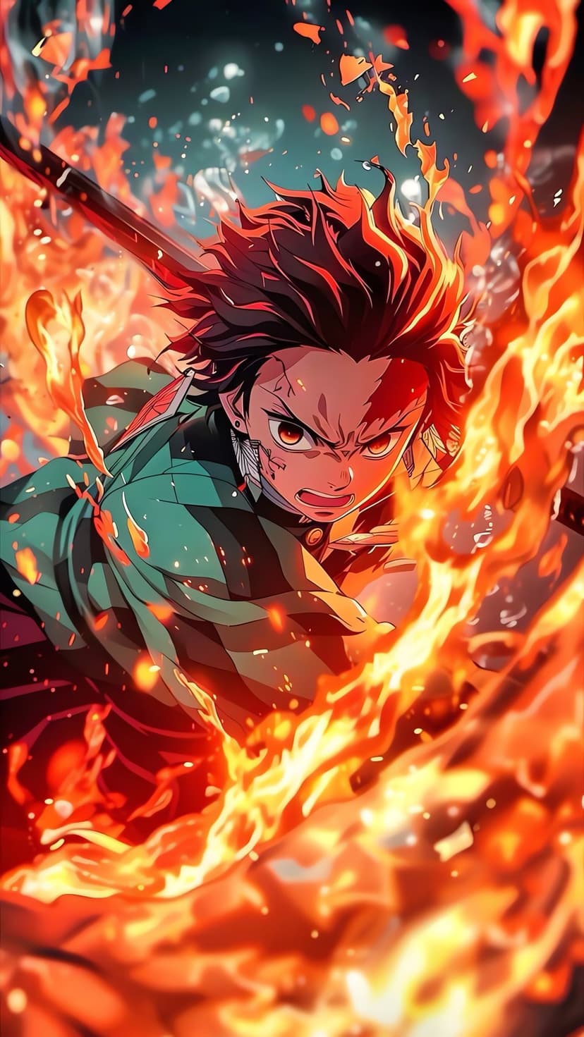 Tanjiro Kamado wielding a flaming sword amidst swirling orange fire and sparks on a dark atmospheric background.