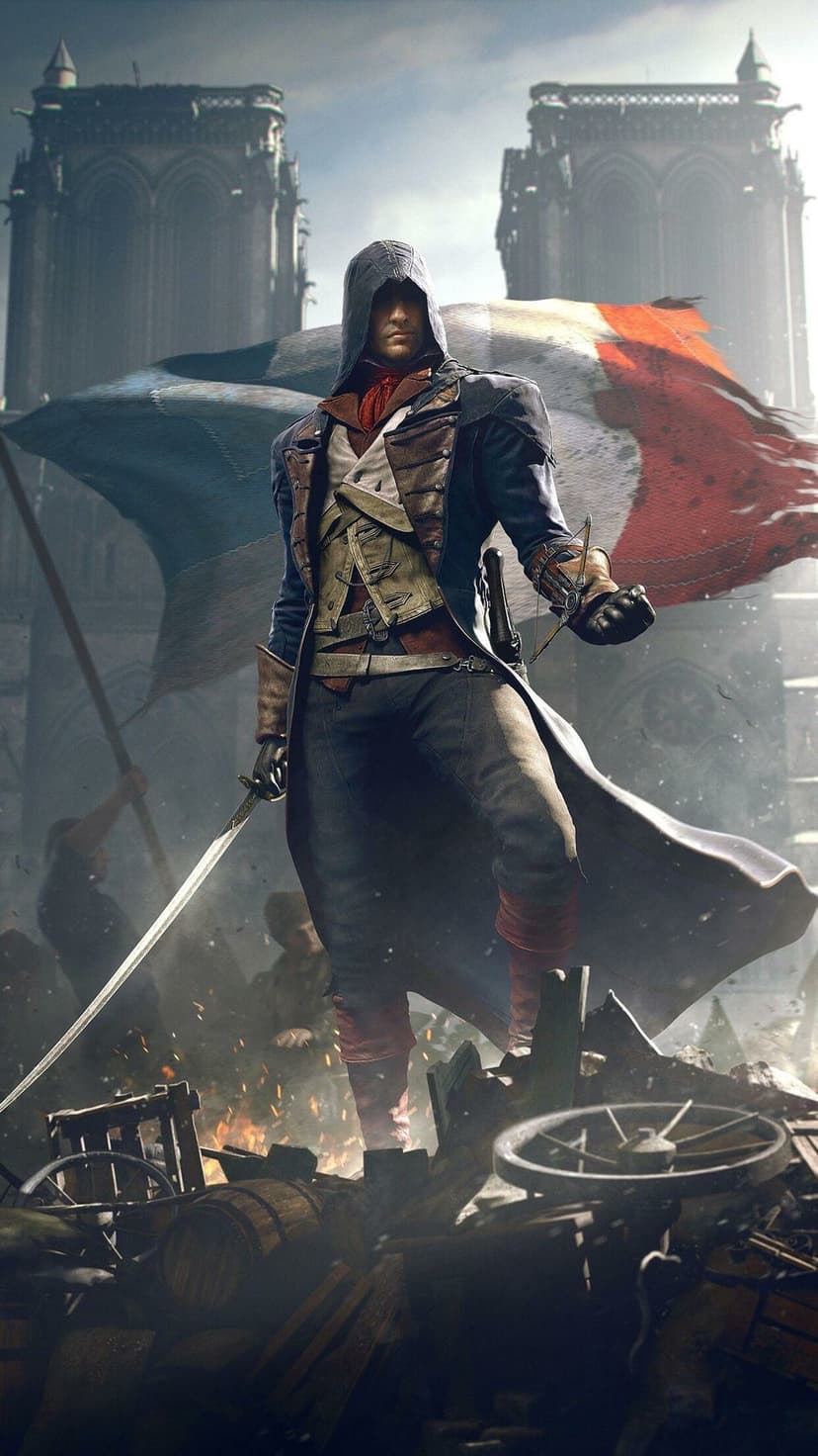 Arno Dorian hooded in blue robes holding a sword before the French flag and Notre Dame Cathedral in Paris.