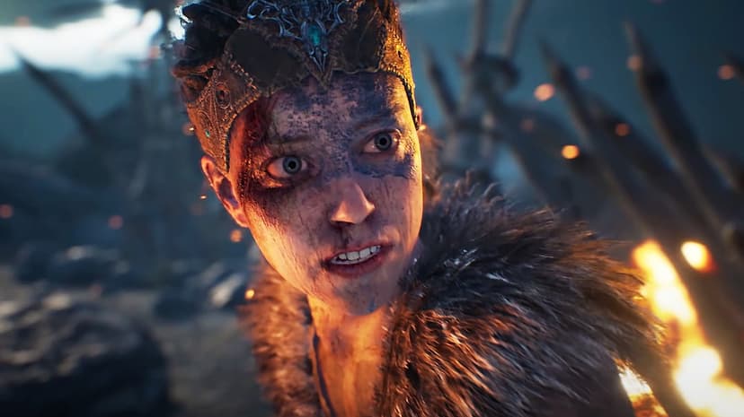 Warrior woman with blue face paint and wide eyes stares intensely amidst fire and sharpened wooden spikes.