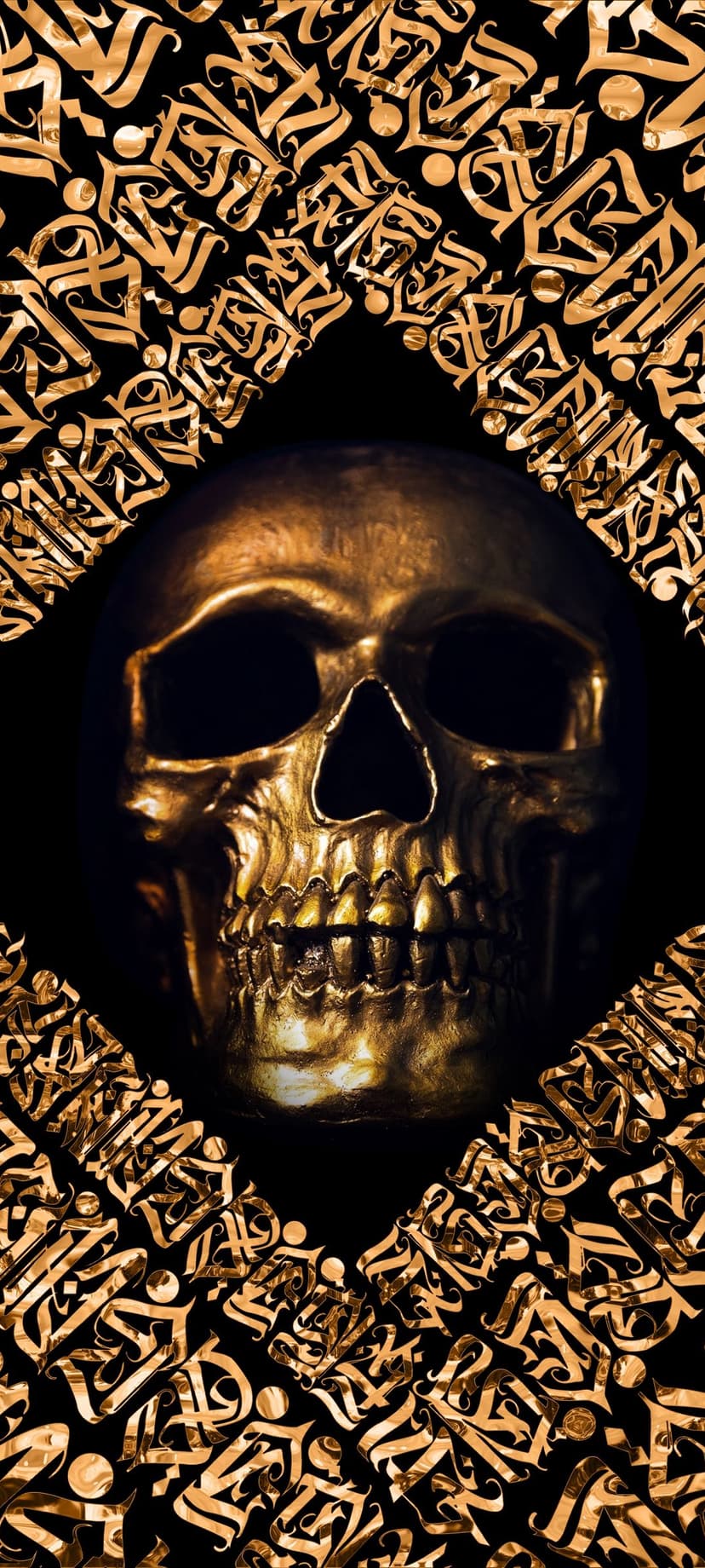 Golden metallic skull centered within a circular frame of interwoven calligraphy on a solid black background.