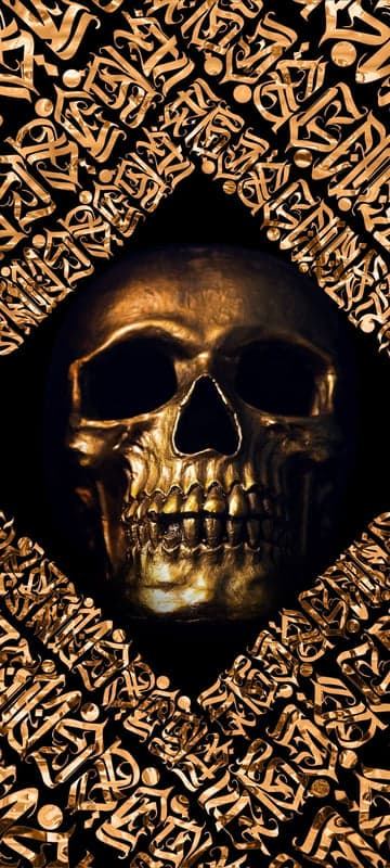 Golden Skull Surrounded by Intricate Calligraphy Art