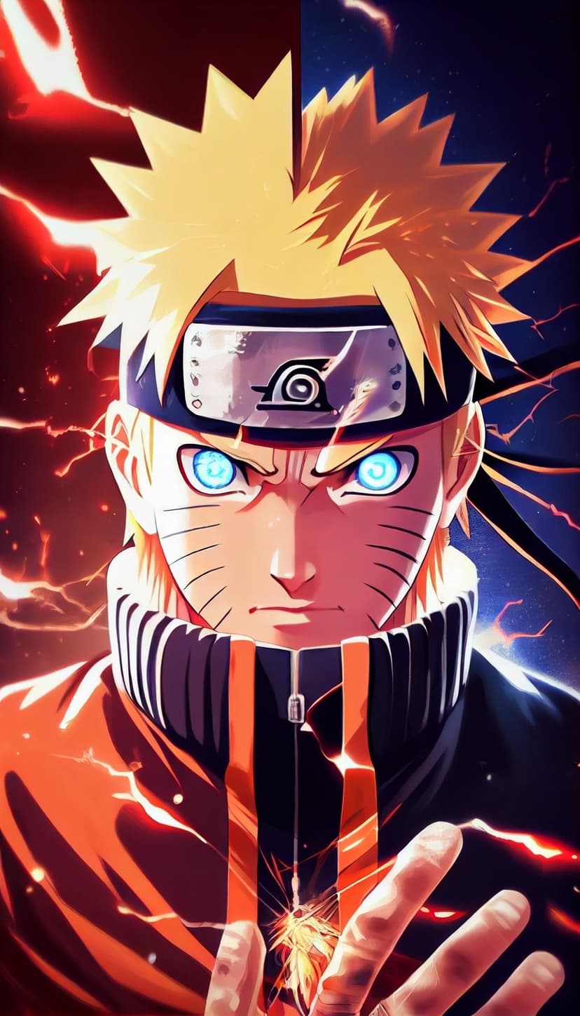 Naruto Uzumaki with glowing blue eyes and whisker marks stands between red fire and blue lightning streaks.