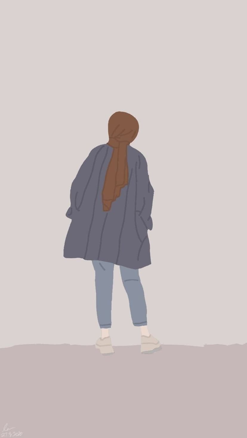 Woman from behind wearing a brown hijab, navy blue oversized coat, and light blue pants against a gray background.
