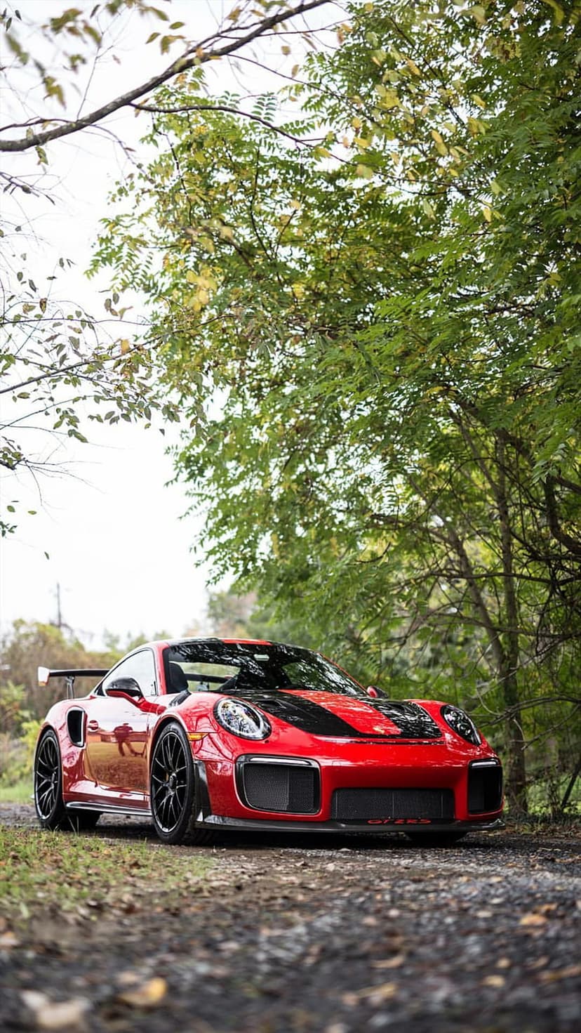 Red Porsche GT2 RS parked on a gravel path beneath green trees with sunlight filtering through the dense leaves.