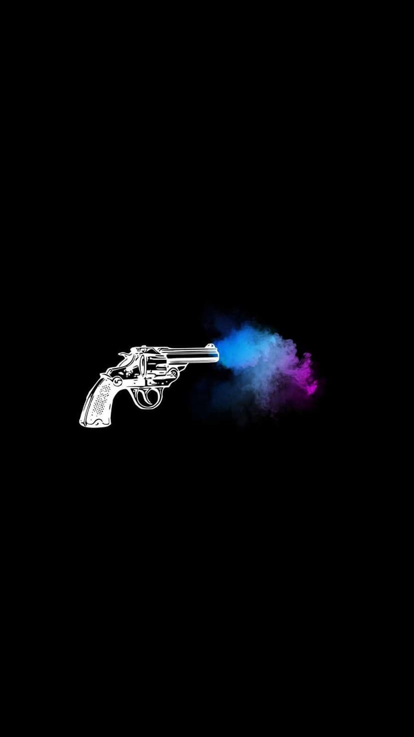 White line drawing of a revolver firing a thick plume of violet and cyan smoke against a dark background.
