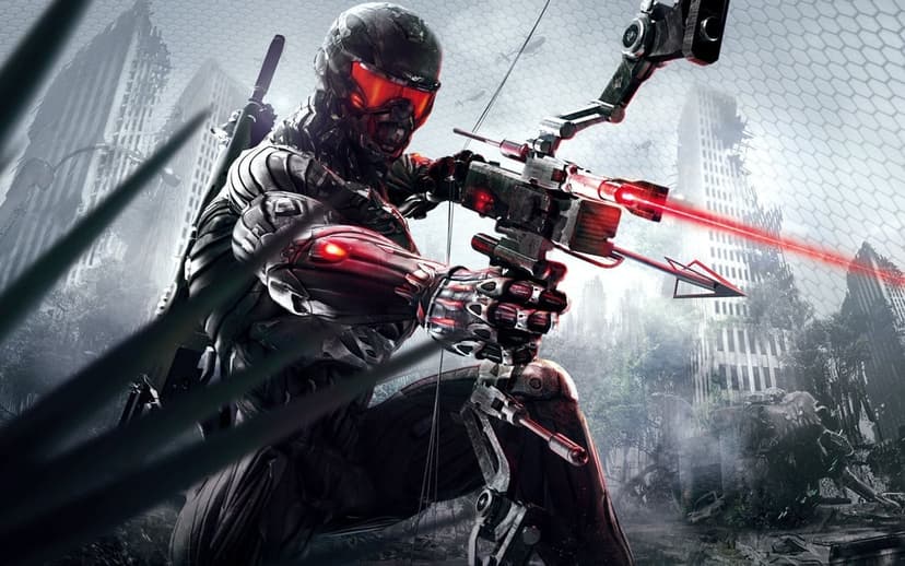 Soldier in a black Nanosuit aims a tactical bow with a red laser sight in a ruined city environment.