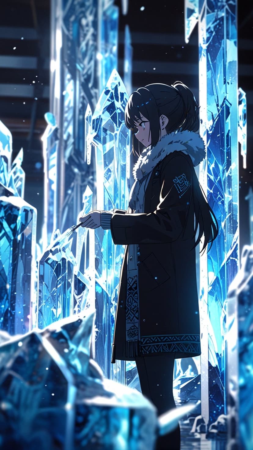 Young woman in a hooded winter coat holds a staff surrounded by large luminous blue crystals in an icy realm.