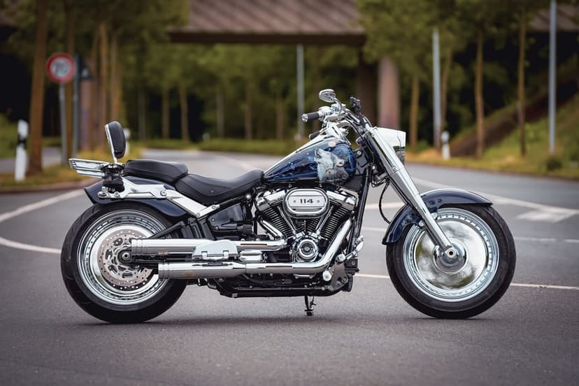 Harley-Davidson Fat Boy 114 with a custom wolf mural and polished chrome parked on a quiet asphalt road.