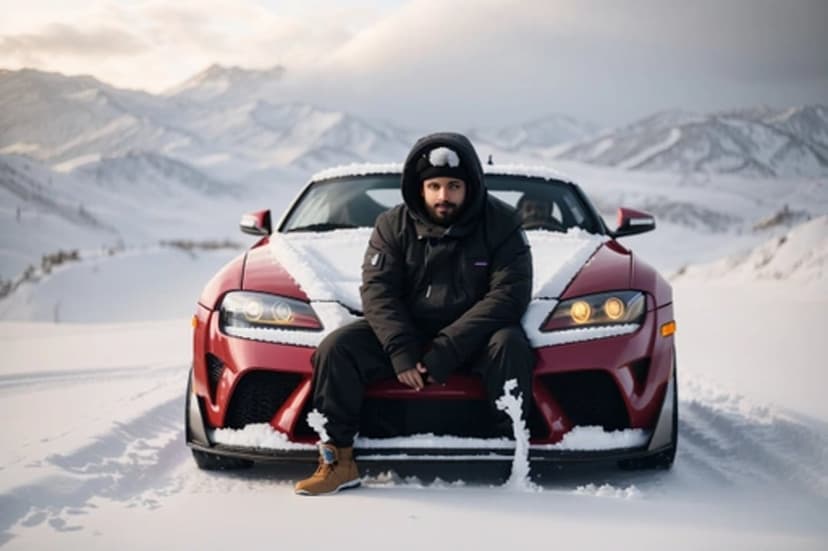 Man in winter gear sits on a red sports car hood surrounded by snow-covered mountains under a cloudy sky.