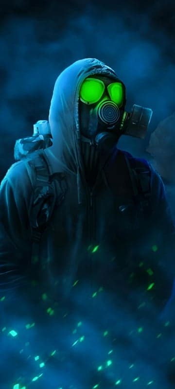 Post-apocalyptic figure in gas mask glowing green
