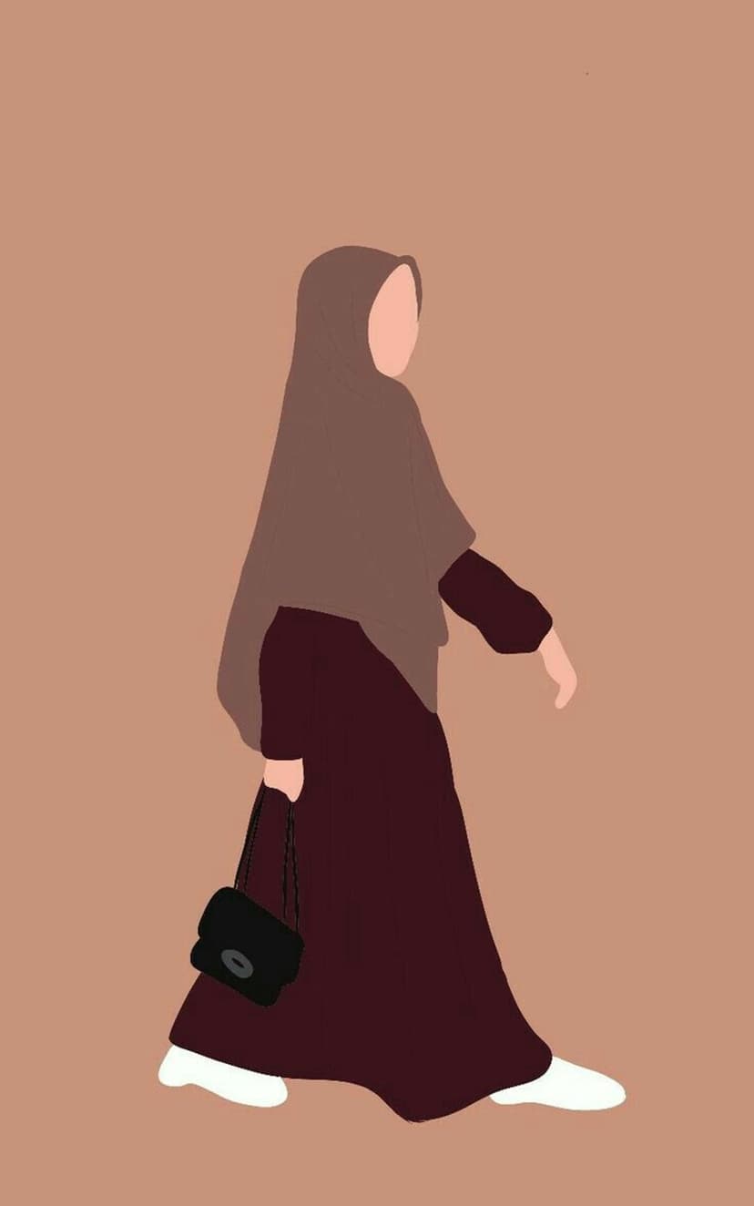 Woman wearing a brown hijab and burgundy dress walks holding a black handbag and wearing white sneakers.