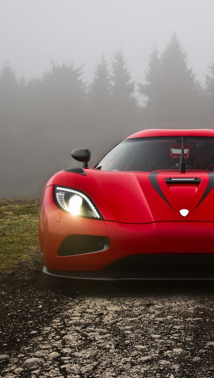 Crimson sports car with glowing headlights parked on a gravel path surrounded by misty pine trees and dense fog.