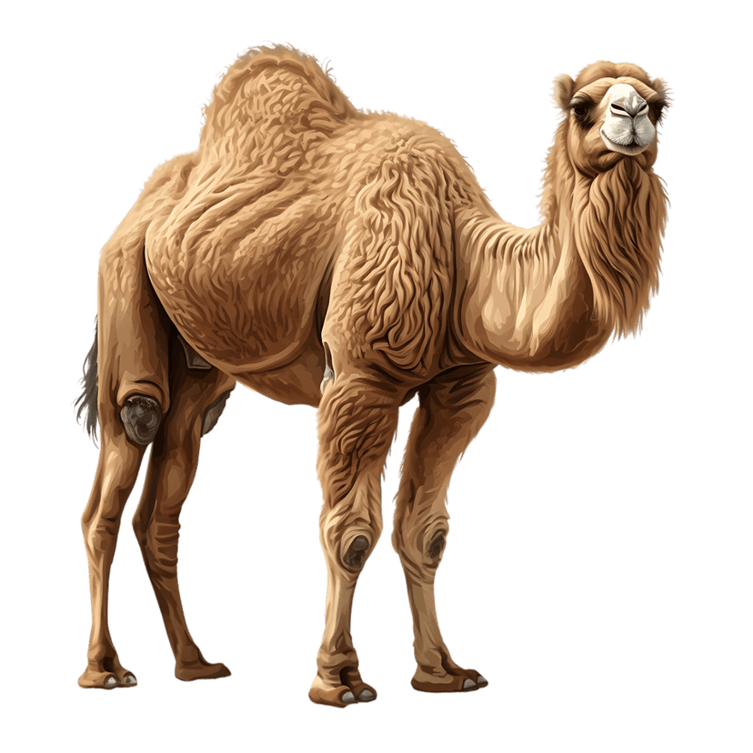 Dromedary camel with textured fur stands against a black background in this realistic digital illustration.