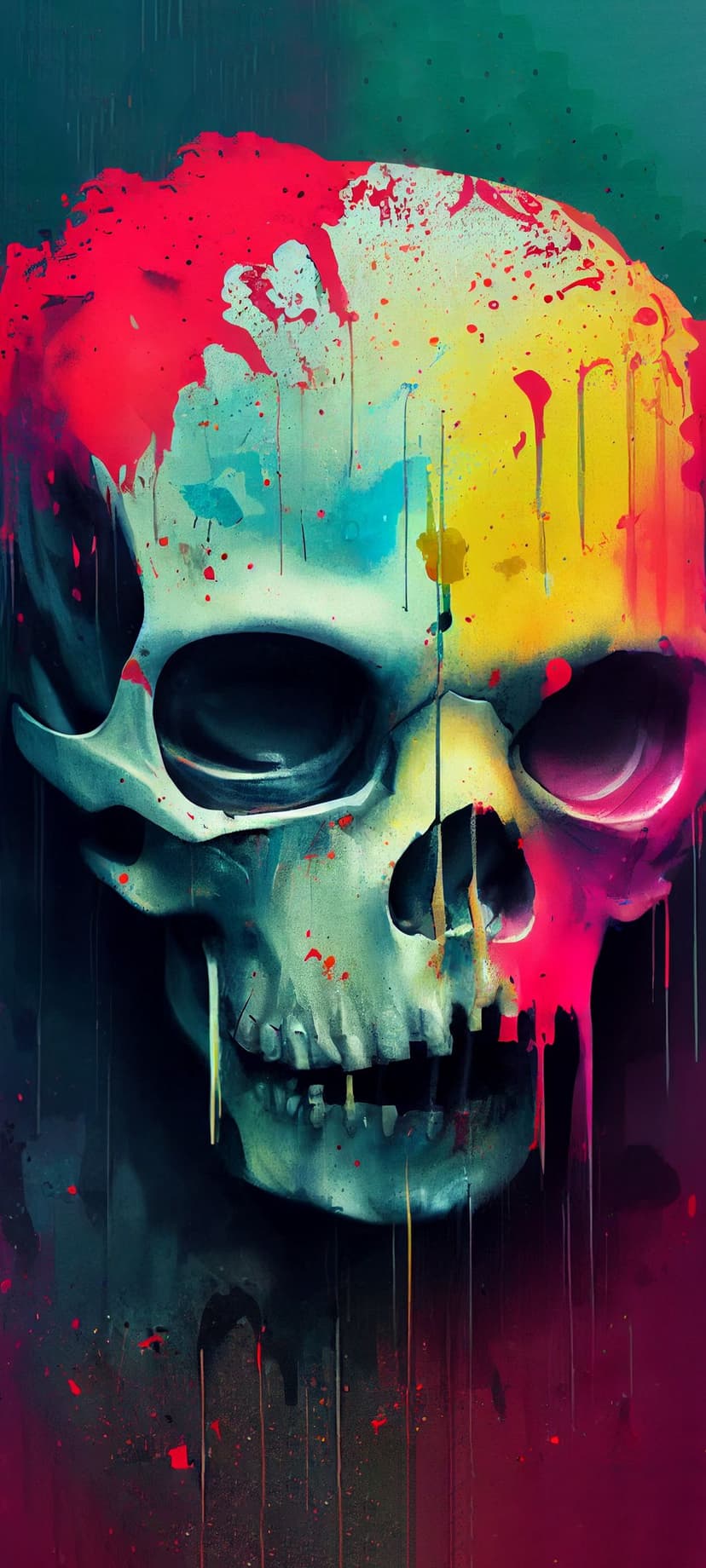 Human skull in teal and white with vivid red, blue, and yellow paint dripping against a dark textured background.