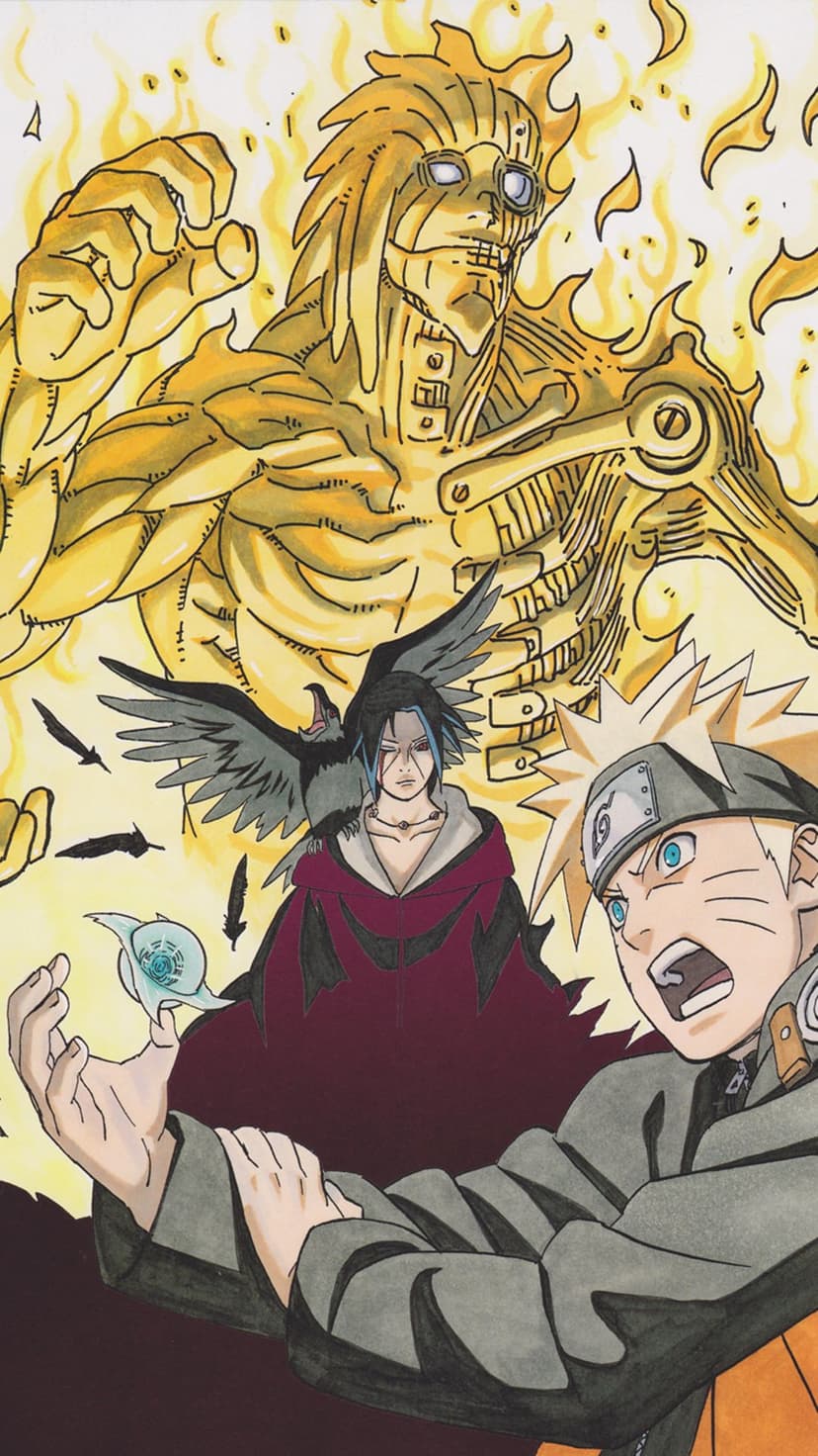 Naruto holding a Rasengan stands near Itachi Uchiha and a massive golden Susanoo spectral warrior behind them.
