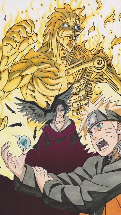 Naruto and Itachi with Golden Susanoo Mobile Wallpaper