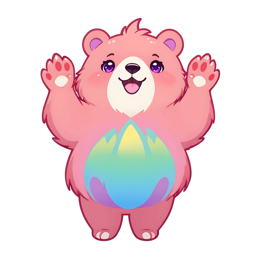 Pink bear sticker featuring a rainbow gradient belly, fluffy fur texture, and expressive purple eyes facing forward.