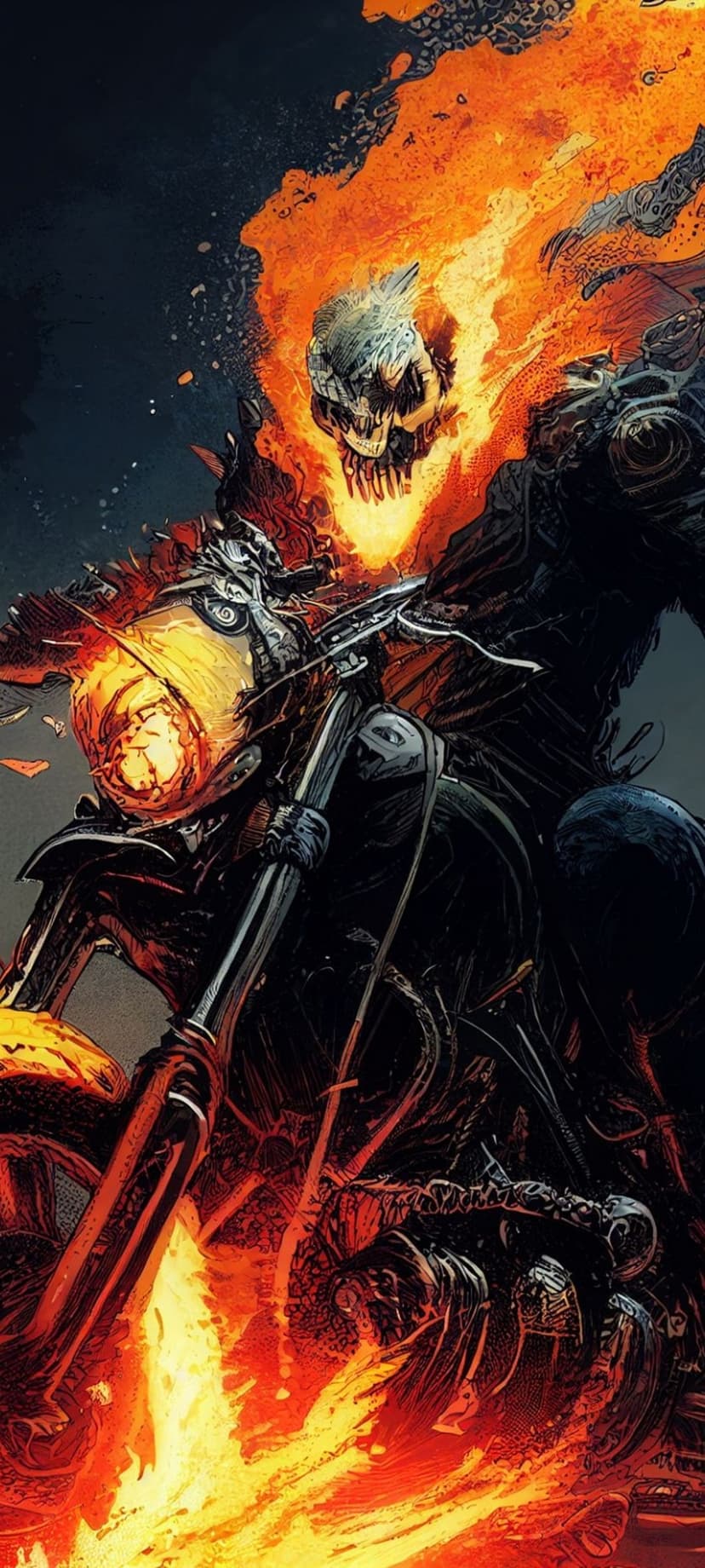 Flaming skull rider on a burning motorcycle with intense orange fire effects against a dark comic style background.