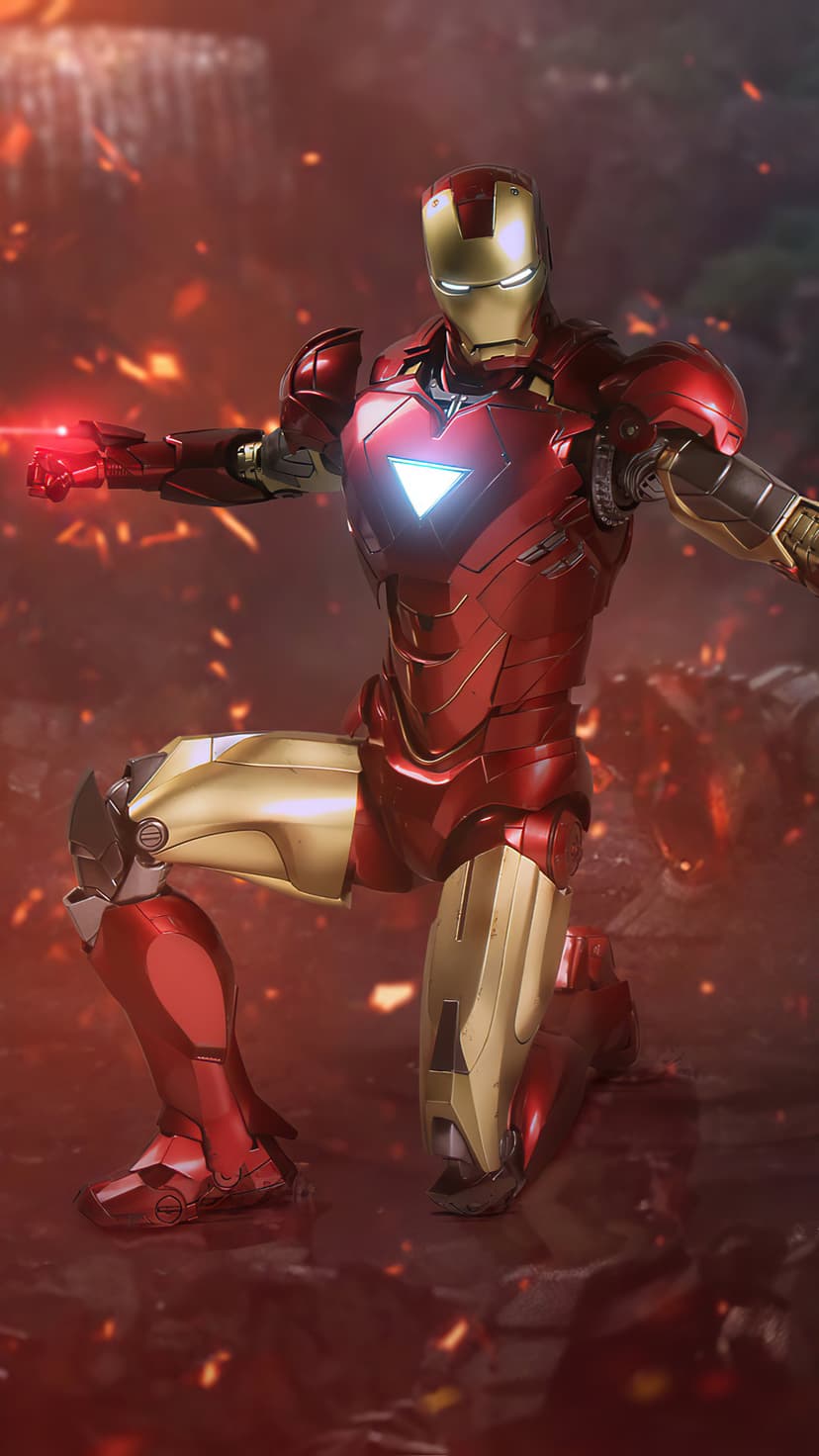 Iron Man in red and gold armor kneels on debris-filled ground while firing a glowing red repulsor blast.