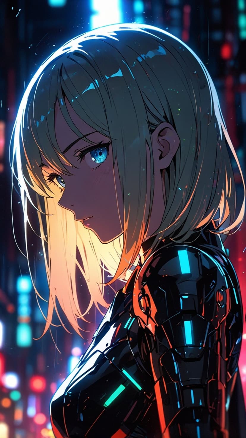 Blonde woman with blue eyes wearing glowing futuristic armor against a neon-lit night cityscape background.