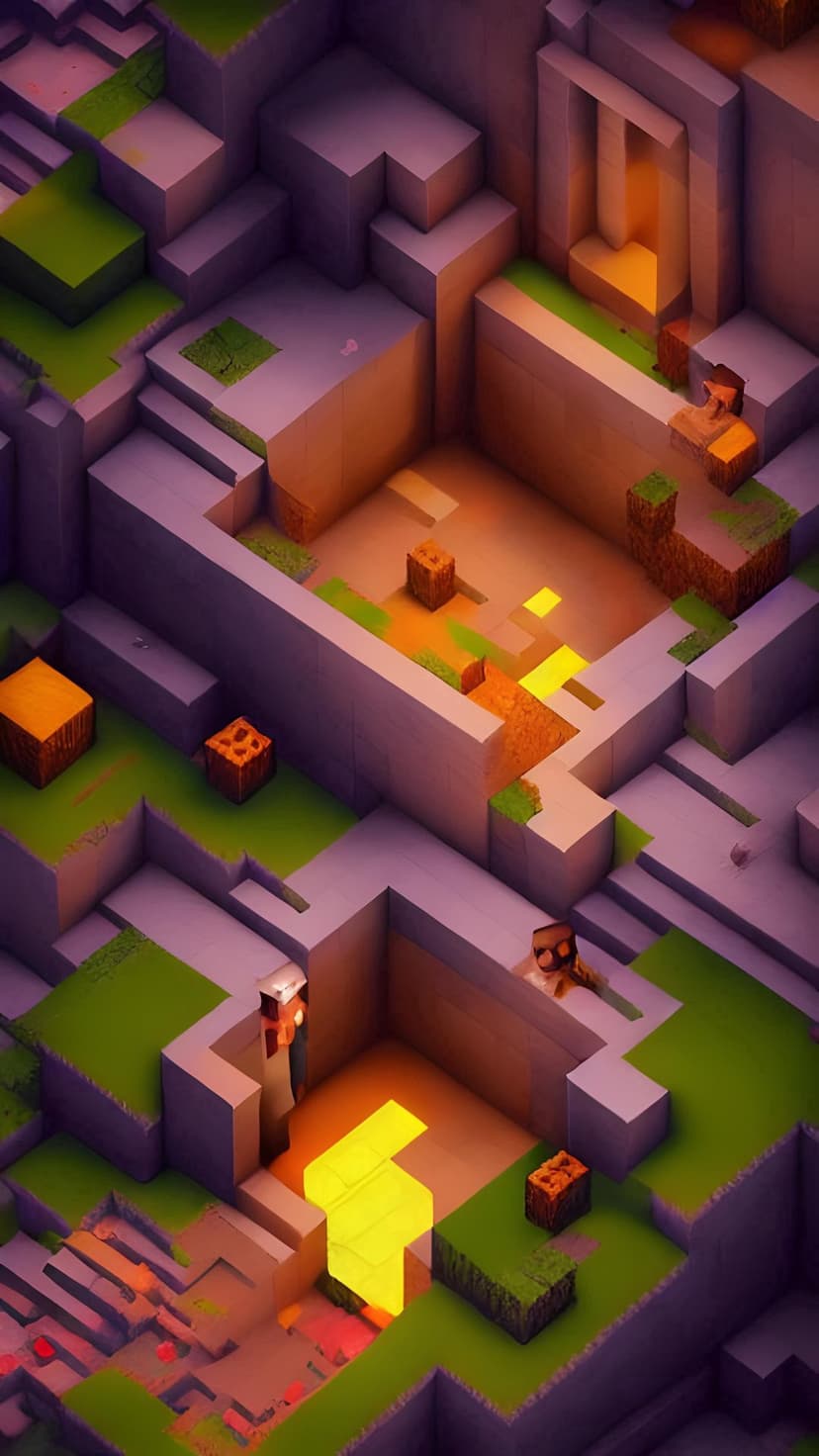 Isometric voxel maze with purple stone blocks, green grass, and glowing orange lights in a labyrinthine layout.
