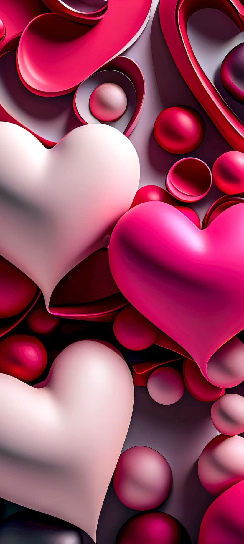 Glossy pink hearts and shimmering white spheres float in a layered, swirling composition with reflective surfaces.