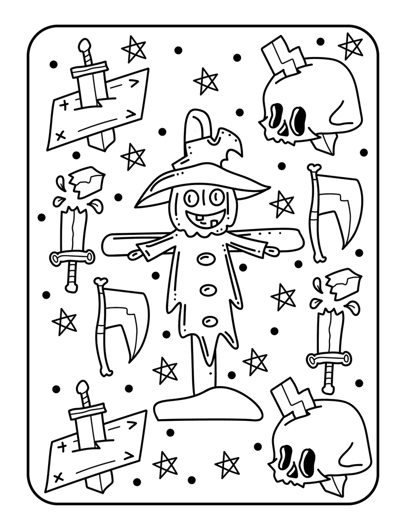 Halloween coloring page showing a scarecrow, skulls, and swords in black ink lineart on a white background.