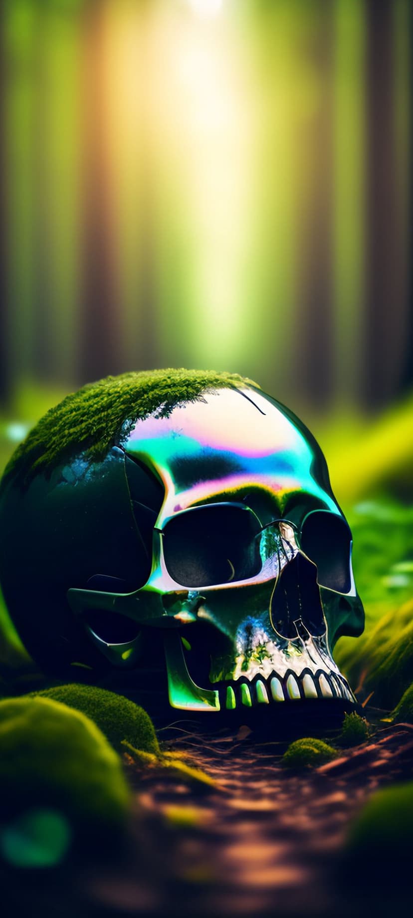 Iridescent skull with green moss sits on a woodland floor while golden sunlight filters through the trees.