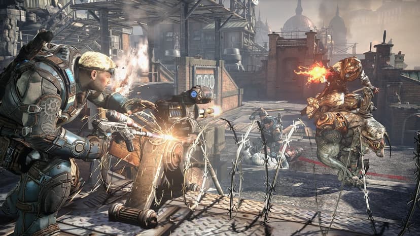 Soldier in blue armor repairs a sparking sentry turret while a mounted enemy takes fire in a ruined city.
