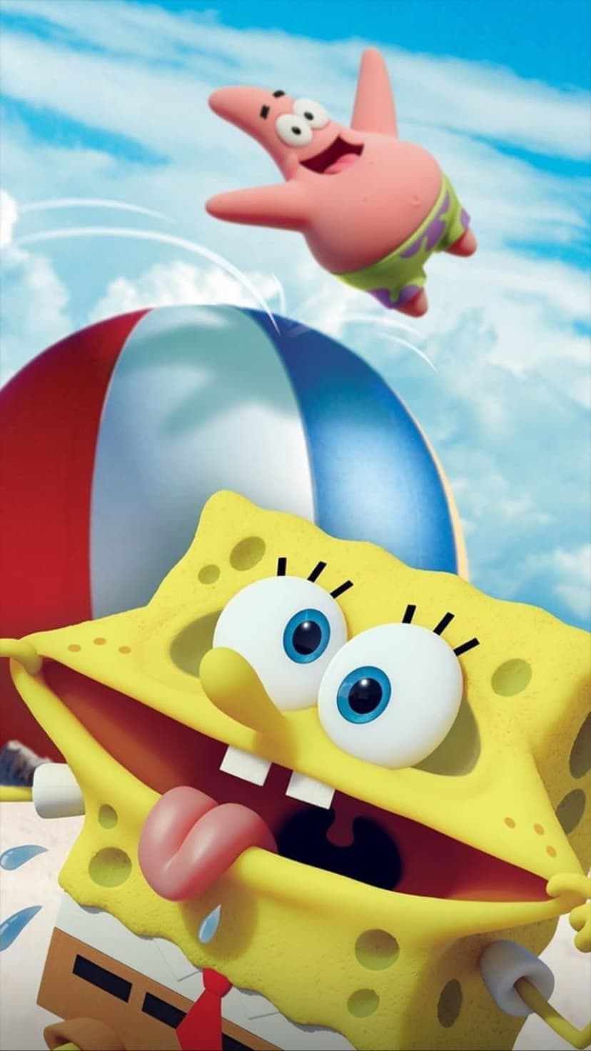 SpongeBob SquarePants smiles beside a beach ball as Patrick Star jumps under a bright blue summer sky with clouds.