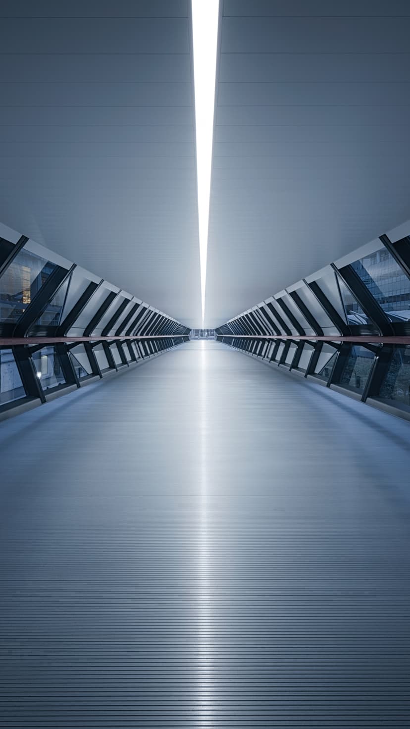 Blue symmetrical tunnel with a bright central light strip leading to a distant vanishing point inside a bridge.
