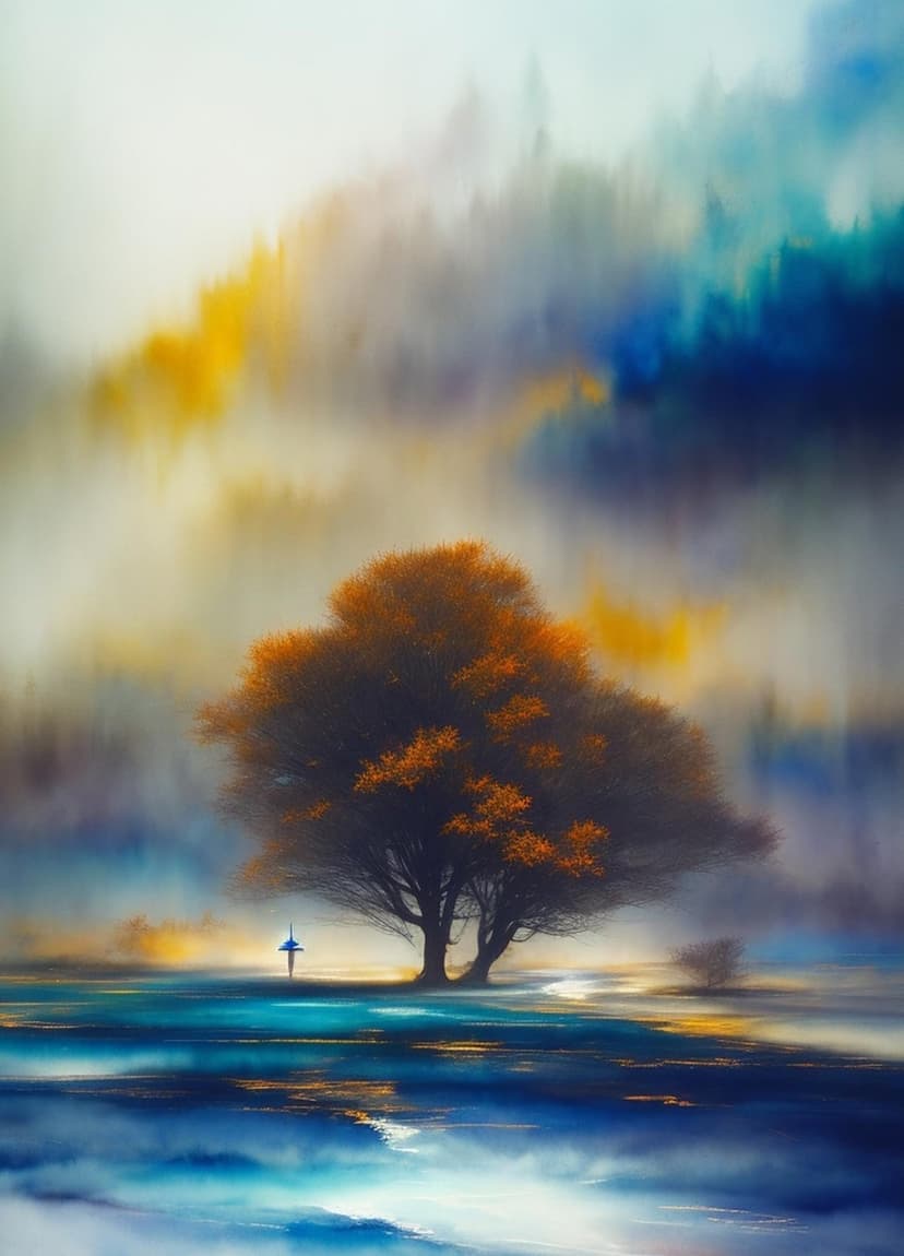 Solitary orange tree and a small silhouette reflect in a calm lake under a hazy yellow and blue sky.