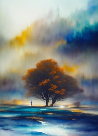 Misty ethereal landscape with lone tree and reflective water