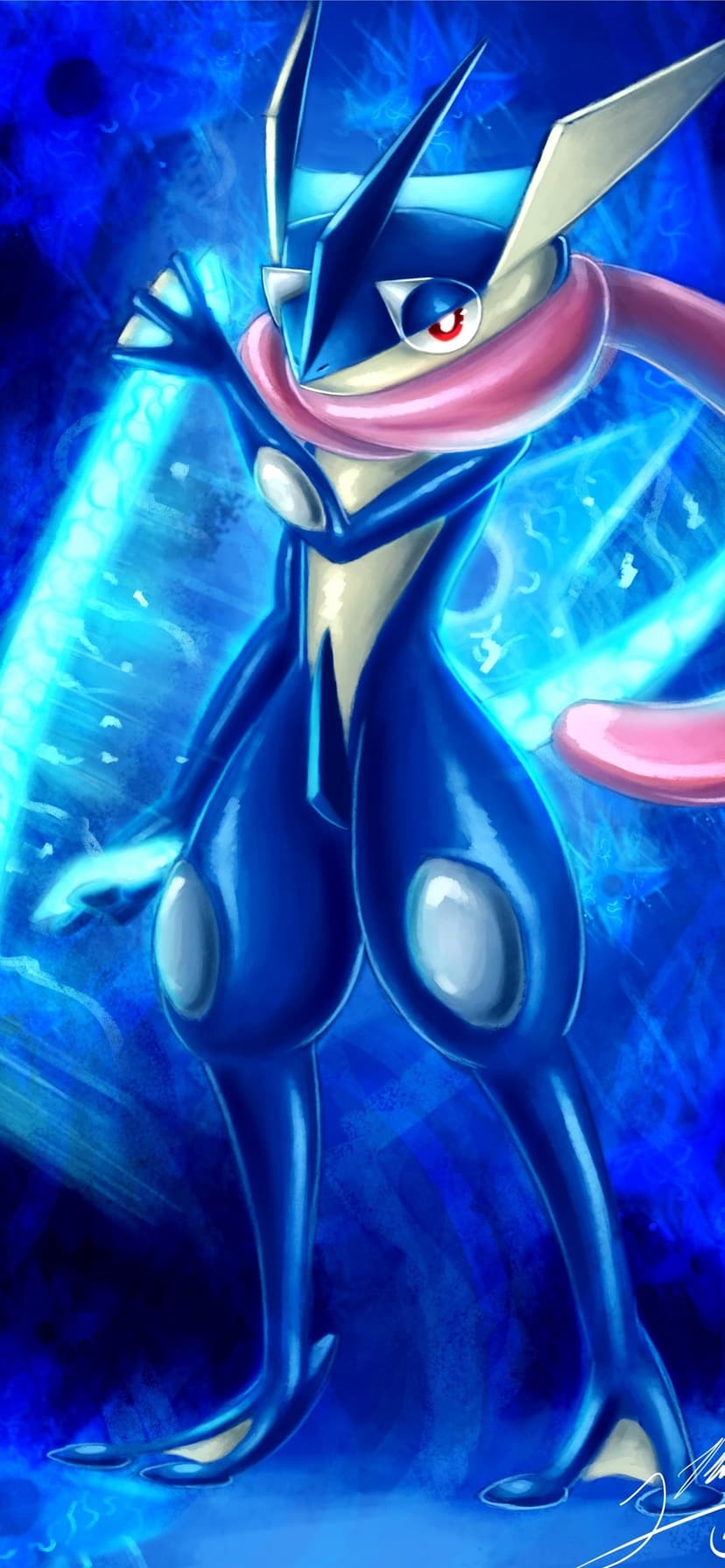 Greninja Pokemon stands amidst swirling glowing blue energy waves and dark blue atmospheric textures.