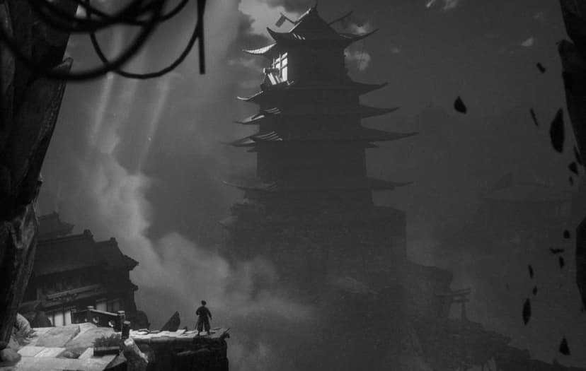 Samurai standing on a rocky cliff overlooking a massive Japanese pagoda shrouded in thick fog and mist.