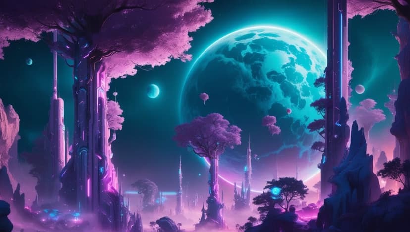 Bioluminescent purple trees and rock formations rest under a giant turquoise moon in a starry alien sky.