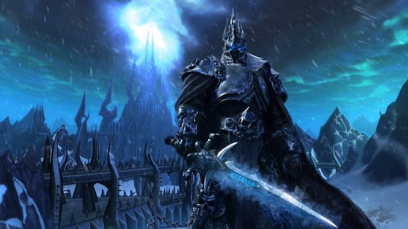 The Lich King in dark plate armor holds the glowing sword Frostmourne before Icecrown Citadel in a snowy landscape.