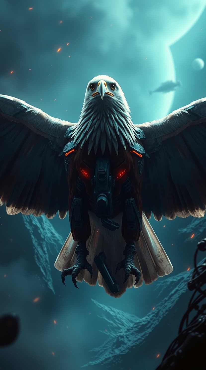 Cybernetic eagle with glowing red eyes flies through a dark nebula filled with distant planets and star clusters.