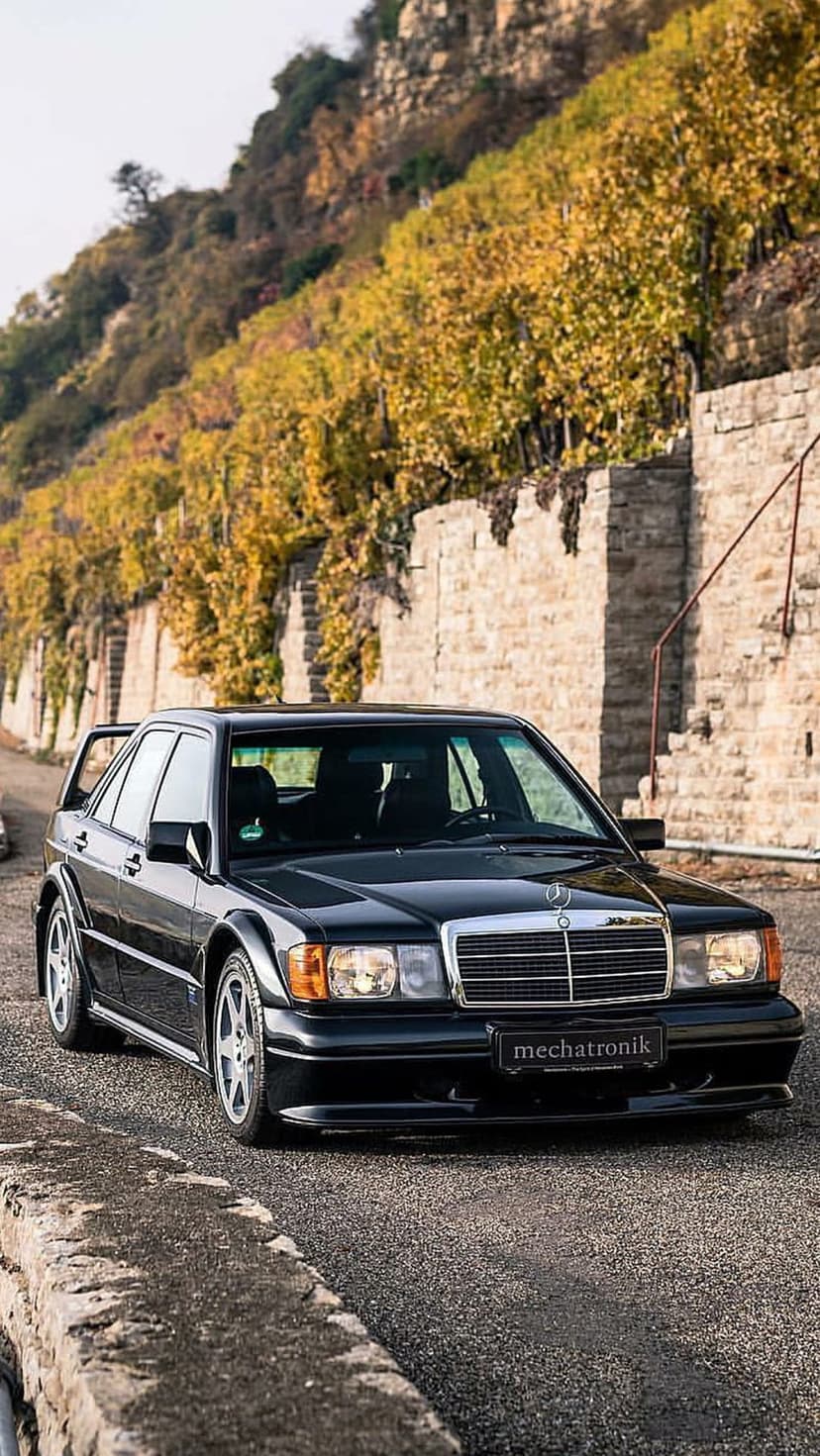 Mercedes 190E Cosworth sedan parked beside a stone wall overflowing with vibrant orange and red autumn leaves.